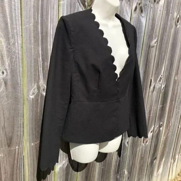 Rebecca Taylor Scalloped Blazer 6 Jacket Suit Black Long Sleeve Top Peplum Small